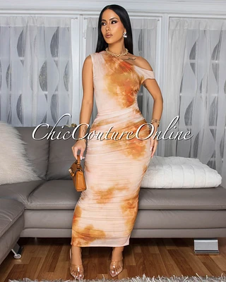 Lucelle Nude Multi-Color Mesh Maxi Dress