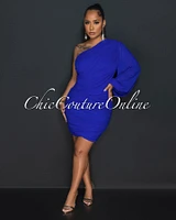 Carrey Royal Blue Single Long Mesh Sleeve Draped Dress