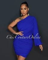 Carrey Royal Blue Single Long Mesh Sleeve Draped Dress