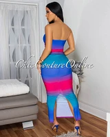 *Ozlem Fuchsia Blue Ruched Tube Maxi Dress