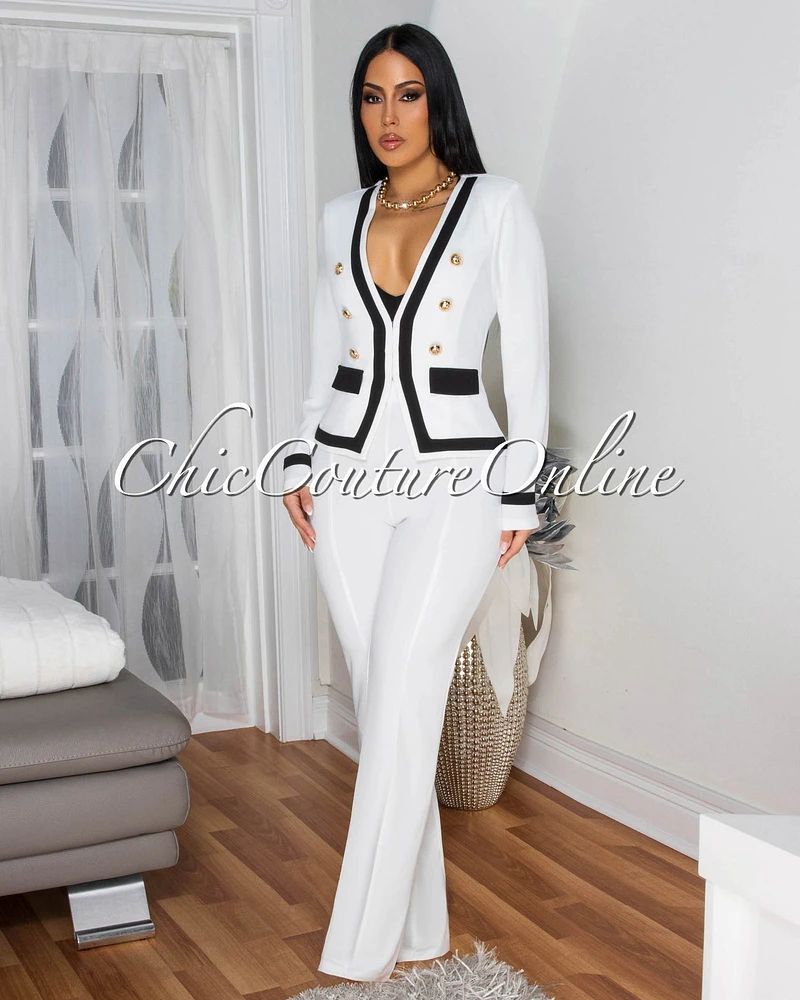 Fayola Off-White Black Trim Pants Set (SHIPS 3/10)