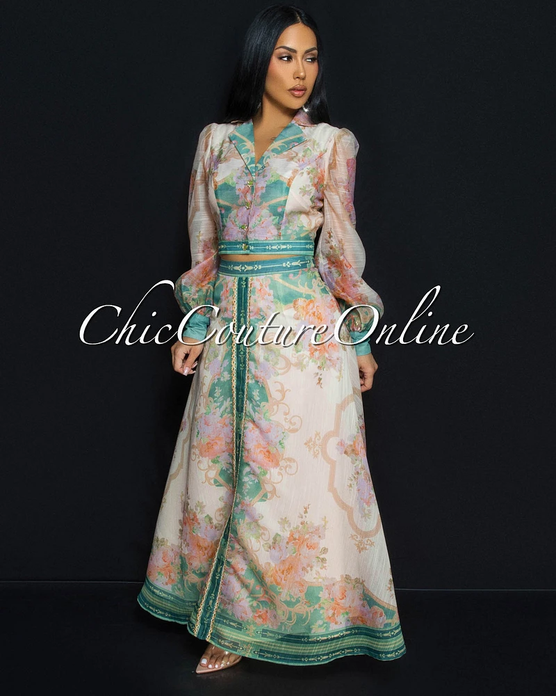 Jalissa Nude Green Floral Blouse & Skirt Set