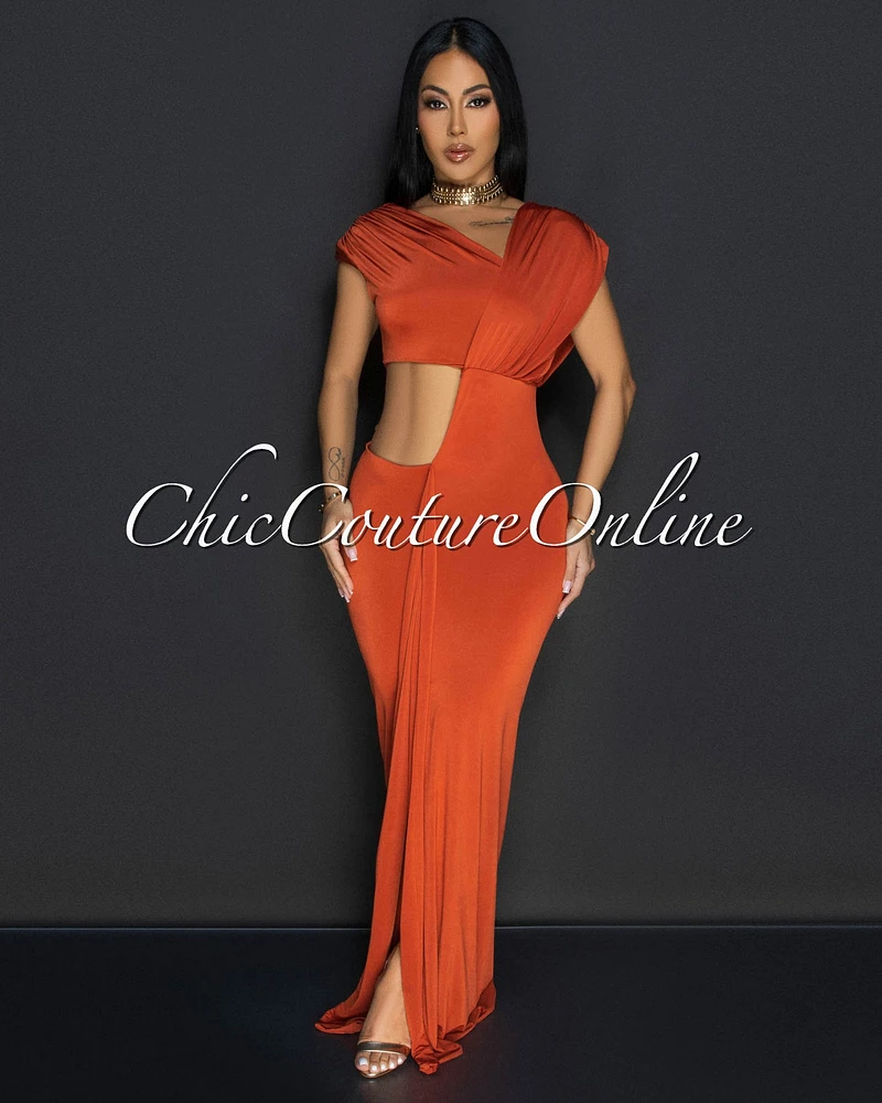 Violi Rust Off Shoulder Cut Out Maxi Dress