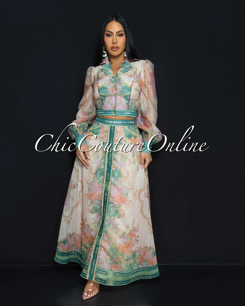 Jalissa Nude Green Floral Blouse & Skirt Set