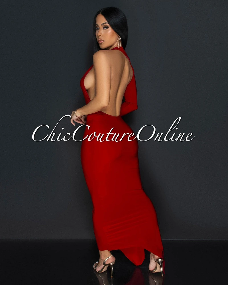 Luna Red One Shoulder Sleeve Open Back Dress