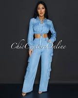 Indigo Light Denim Crop Top & Pants Cargo Set