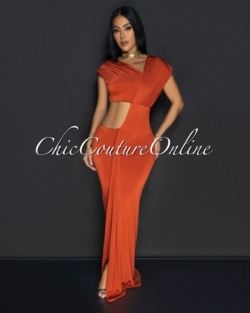 Violi Rust Off Shoulder Cut Out Maxi Dress