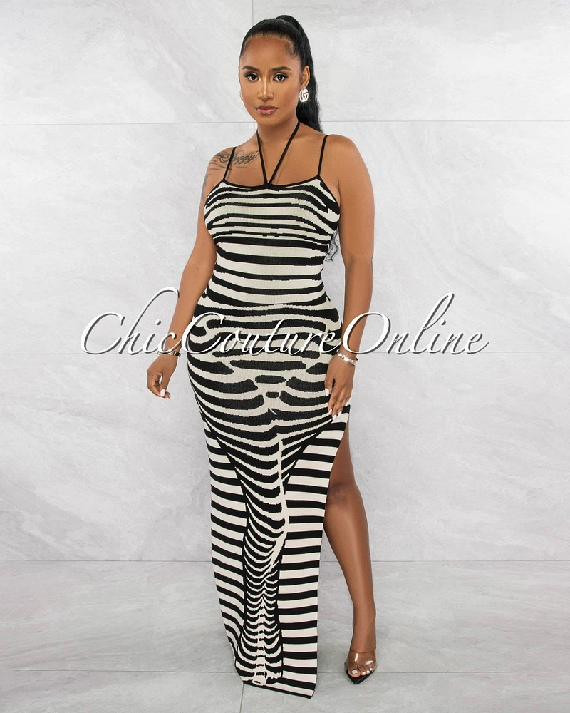 *Camie Black Nude Print Knit Maxi Dress