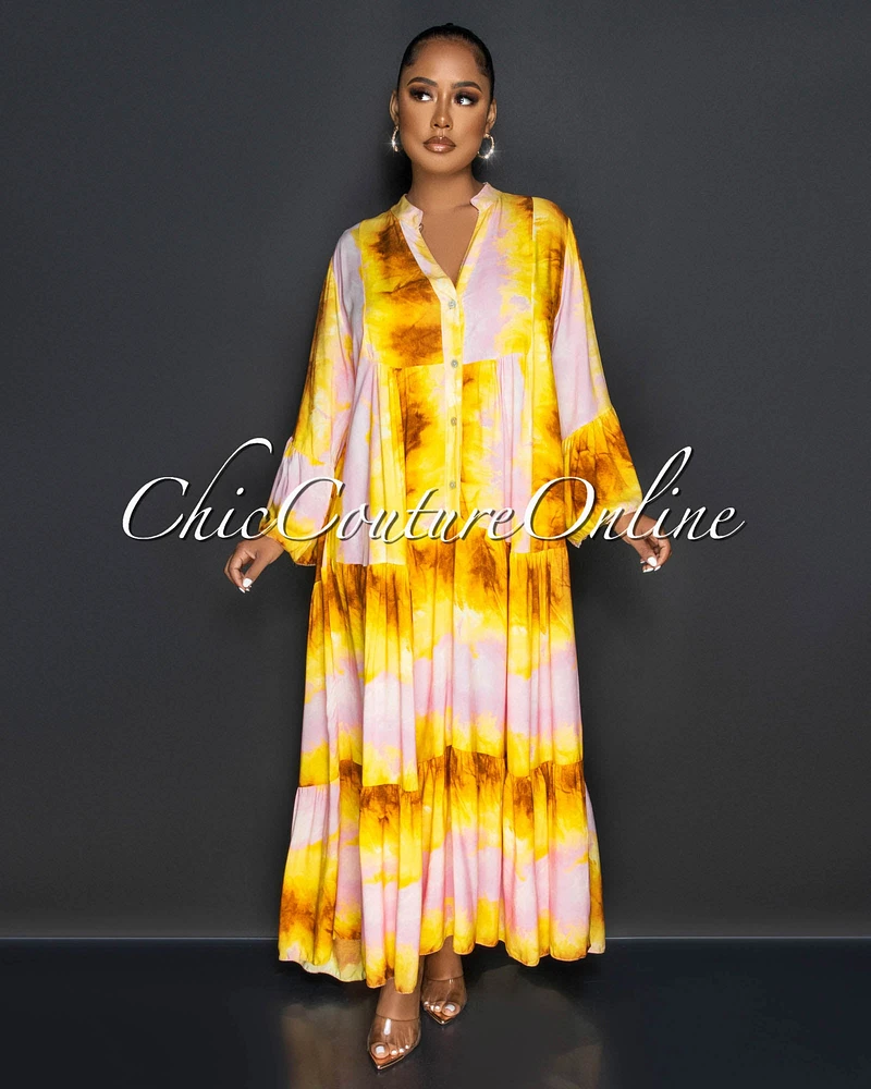 Frances Yellow Pink Ruffle Hem Maxi Dress