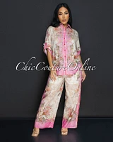 Lovena Pink Floral Collared Shirt & Wide Capri Pants Set