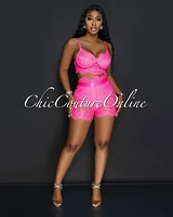 Essien Hot Pink Black Lace Bustier & Shorts Set