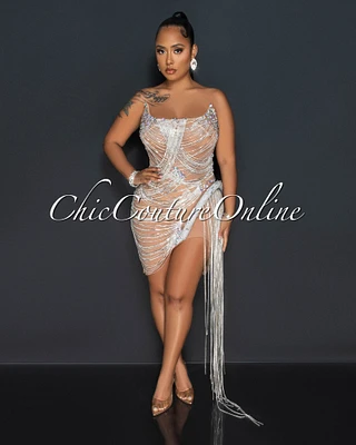 Lauren Nude Mesh Sheer Silver Rhinestones Mini Dress