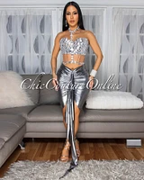 Kaeli Silver Rhinestones Bustier & Draped Skirt Set