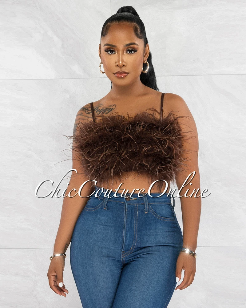 *Norie Brown Feathers Crop Top