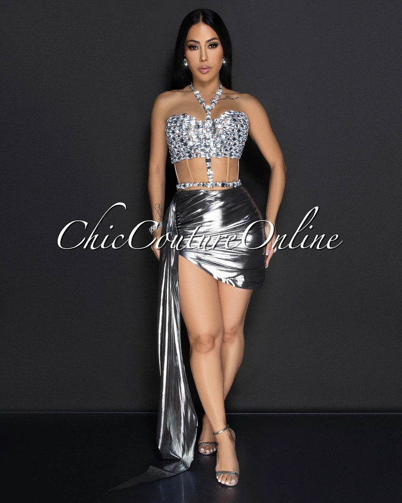 Kaeli Silver Rhinestones Bustier & Draped Skirt Set