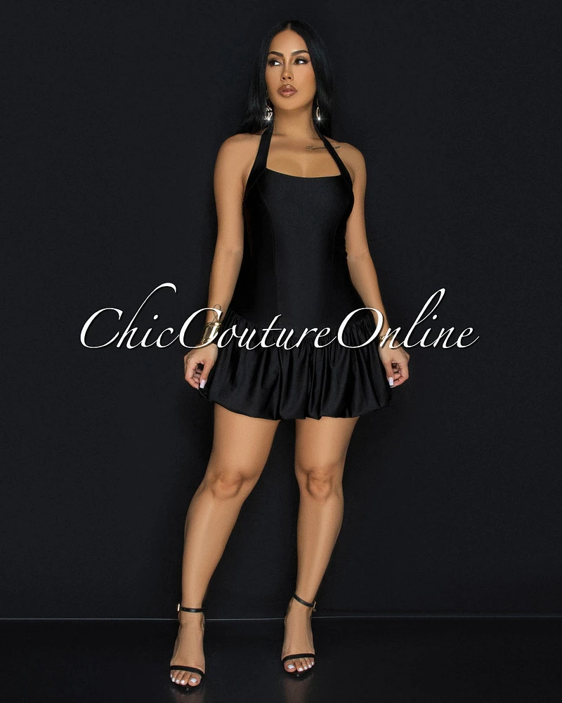 Goya Black Bubble Mini Halter Dress