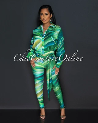 Latany Green Print Jacket & Leggings Set