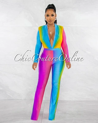 Cecilia Rainbow Multi-Color Ombre Deep V-Neck Jumpsuit