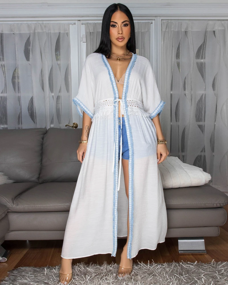 Adoria Off-White Blue Denim Trim See-Thru Duster