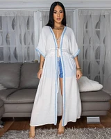 Adoria Off-White Blue Denim Trim See-Thru Duster