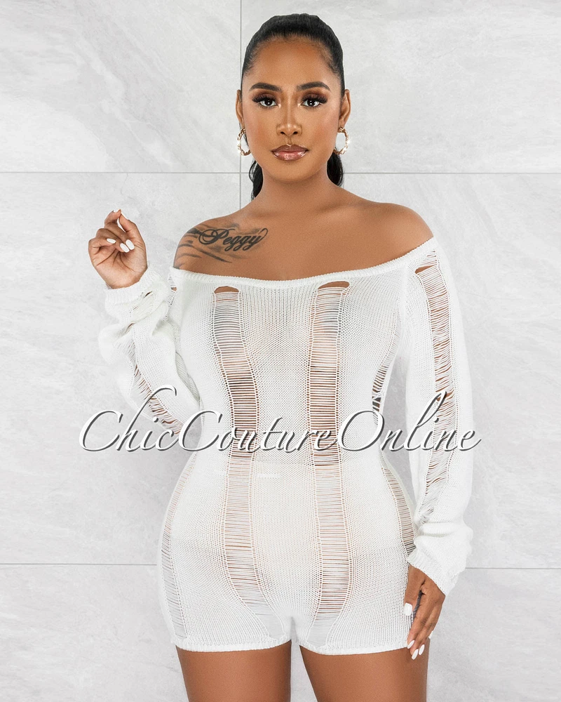 *Carrera White See-Through Crochet Cover-Up Romper