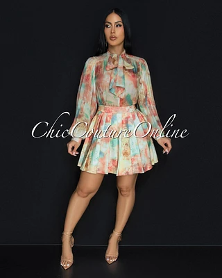 Archer Coral Nude Multi-Color Print Sheer Blouse & Skirt Set