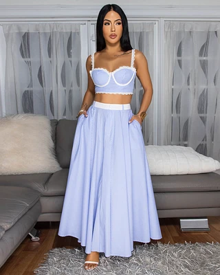 Shayna Blue White Stripes Skirt Set