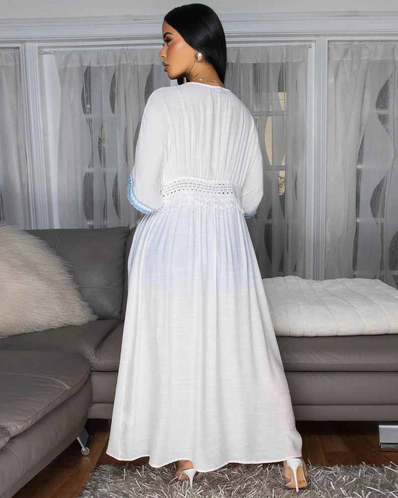 Adoria Off-White Blue Denim Trim See-Thru Duster