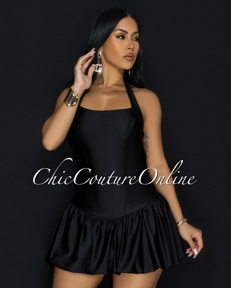 Goya Black Bubble Mini Halter Dress