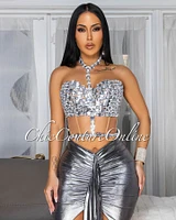 Kaeli Silver Rhinestones Bustier & Draped Skirt Set