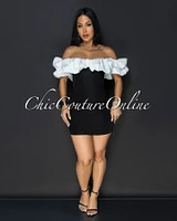 Cassana Black Off-White Ruffle Top Mini Dress