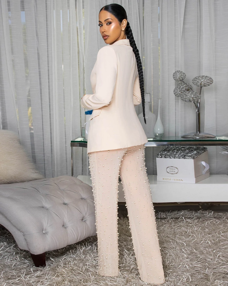 Alice Nude Blazer & Mesh Pearl Pants Set