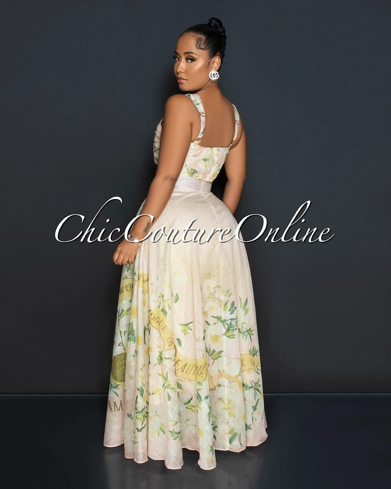 Lonnie Beige Floral Print Crop Top & Maxi Skirt Set