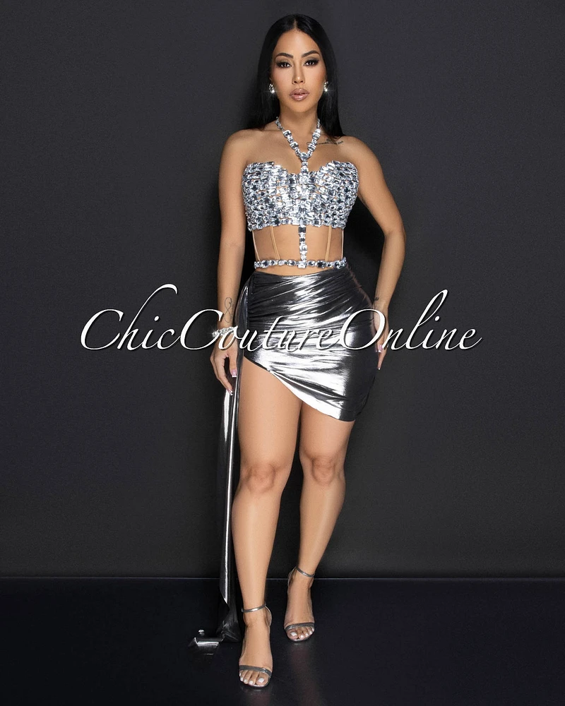 Kaeli Silver Rhinestones Bustier & Draped Skirt Set