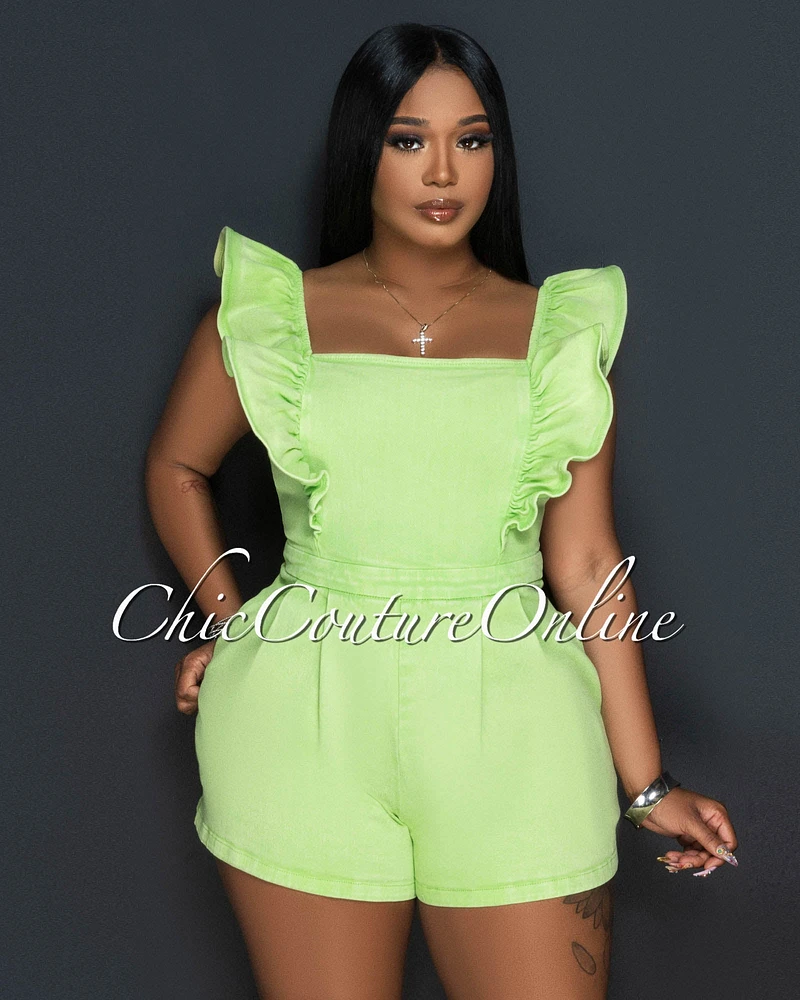 Elena Apple Green Ruffle Sleeves Denim Romper