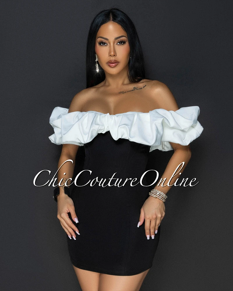 Cassana Black Off-White Ruffle Top Mini Dress