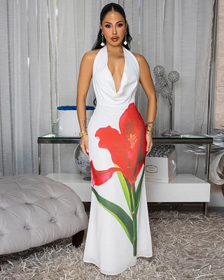 Althea Off-White Red Floral Print Halter Dress