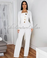 Ednella Off-White Gold Accent Button Long Sleeves Jumpsuit