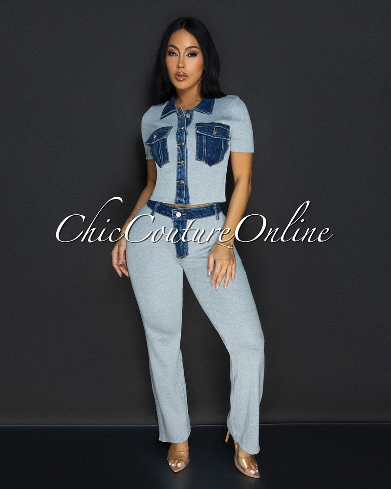 Kylar Grey Denim Top & Pants Knit Set