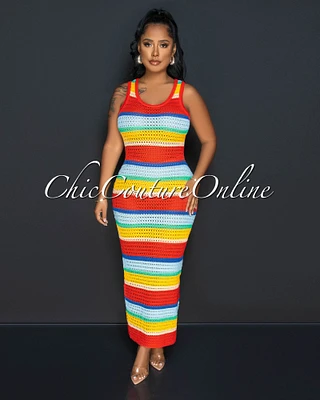 Stacia Orange Multi-Color Stripes Crochet Maxi Dress