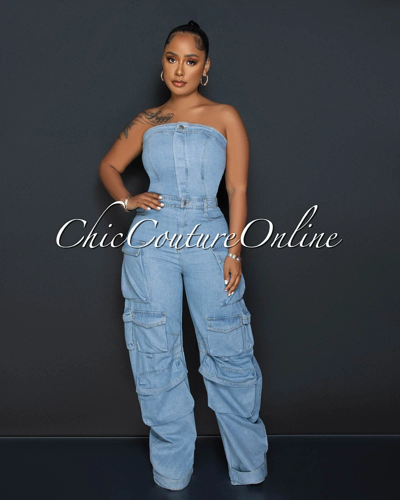 Antoine Light Denim Strapless Cargo Jumpsuit