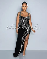 Galienne Mesh Rhinestones Leg Slit Maxi Dress