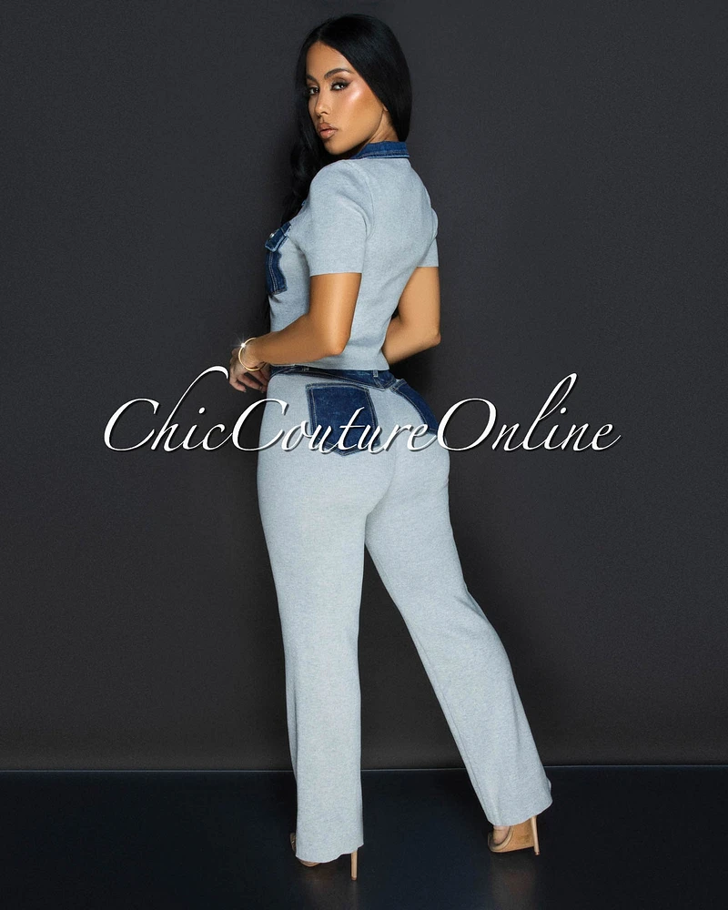 Kylar Grey Denim Top & Pants Knit Set