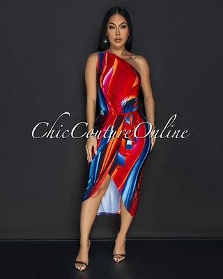 Mellie Red Blue Single Shoulder Front Slit Midi Dress