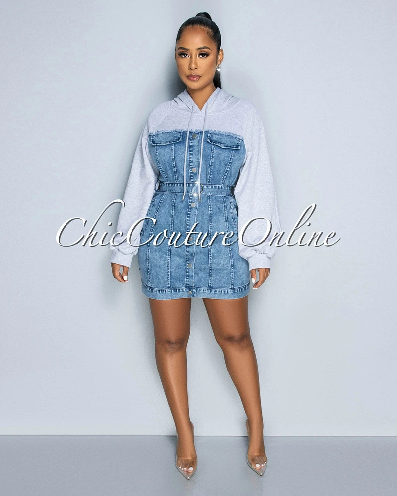 Rosita Blue Denim Grey Sweater Hoodie Dress