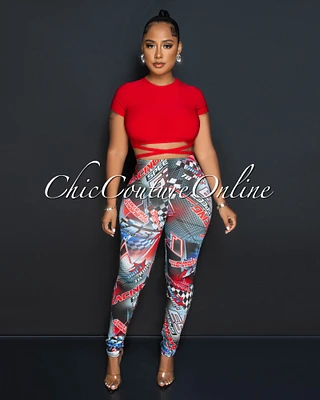 Craven Red Tie Detail Crop Top & Racer Print Leggings Set