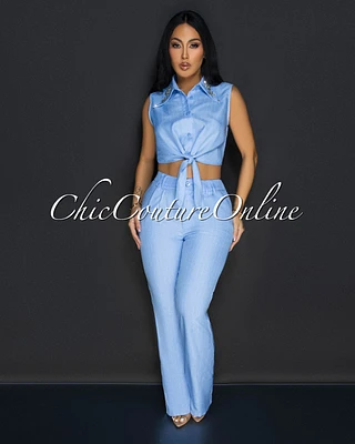 Azura Blue White Stripes Crop Top & Pants Set