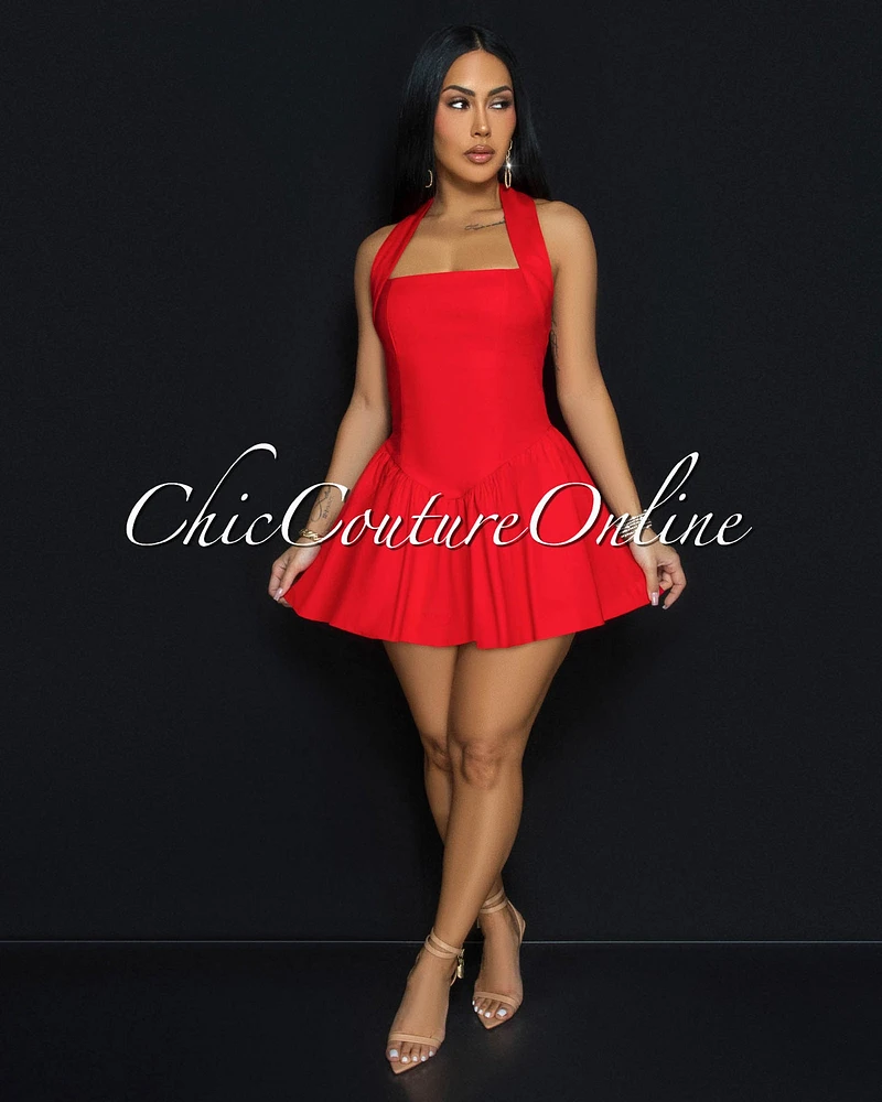 Emporio Red Halter Flared Skater Dress