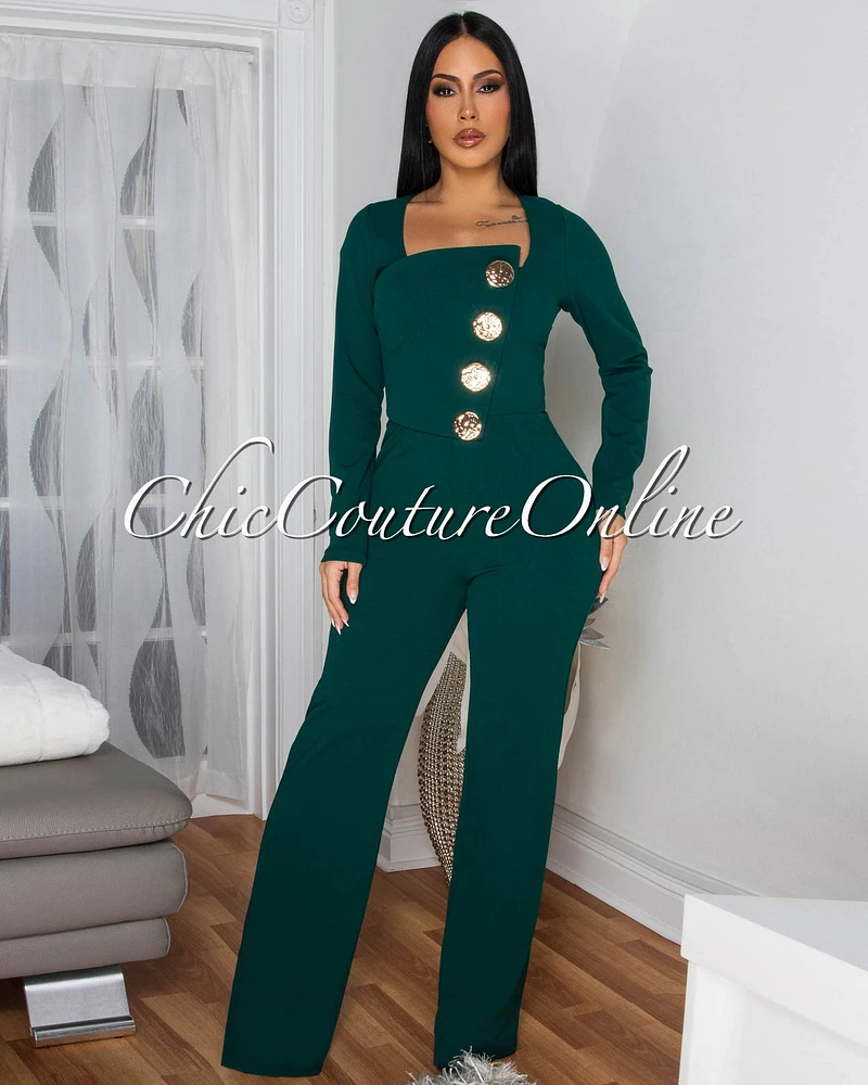 Ednella Hunter Green Gold Accent Button Long Sleeves Jumpsuit