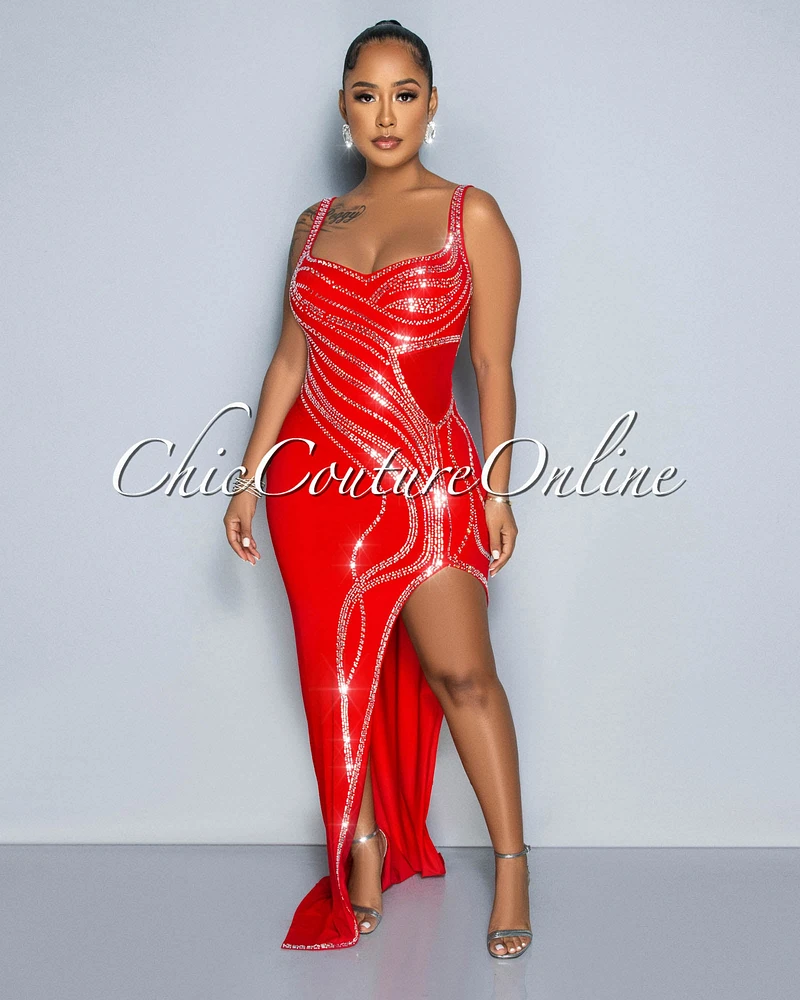 Galienne Red Mesh Rhinestones Leg Slit Maxi Dress